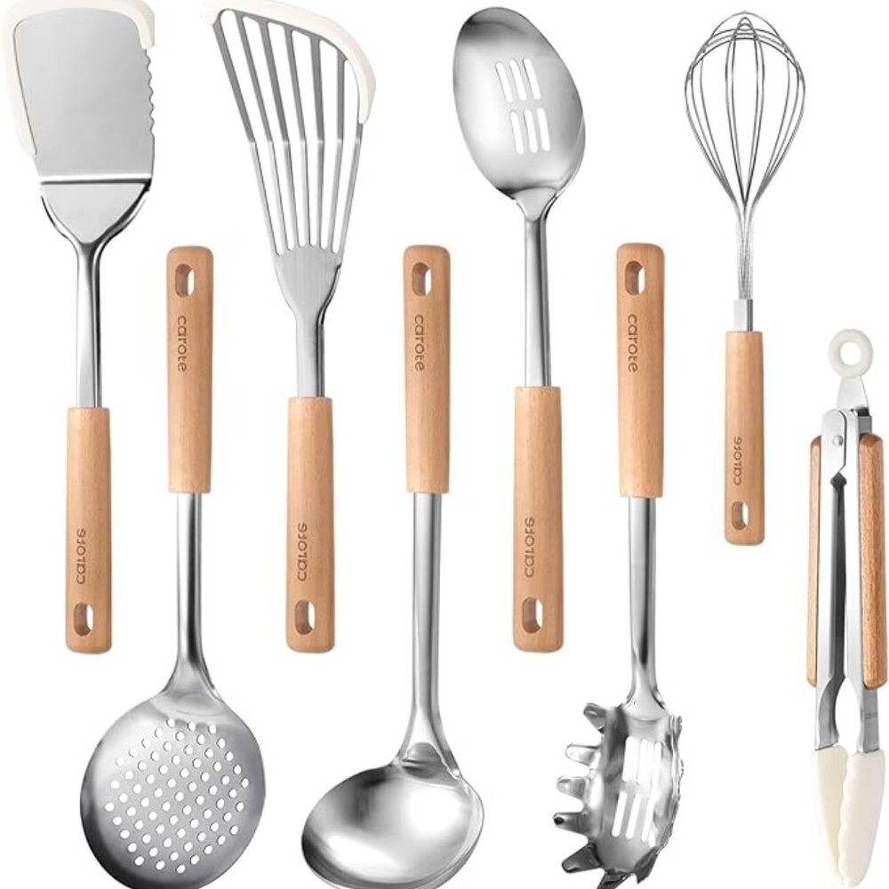 CAROTE Stainless Steel Kitchen Utensils Set,8 pcs Cooking Utensils Set with Wood